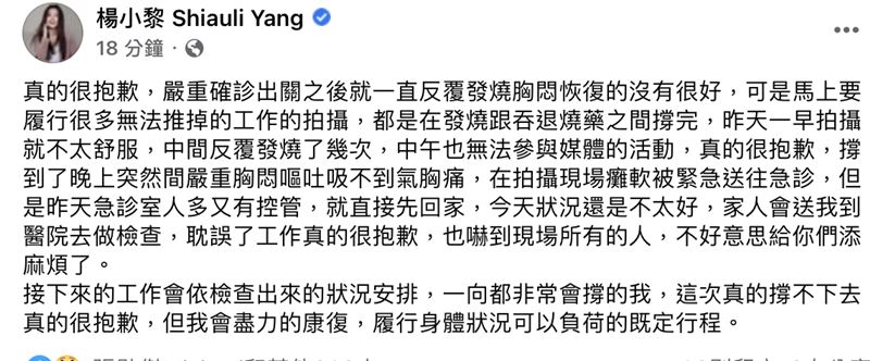 楊小黎臉書全文。（圖／翻攝自楊小黎臉書）