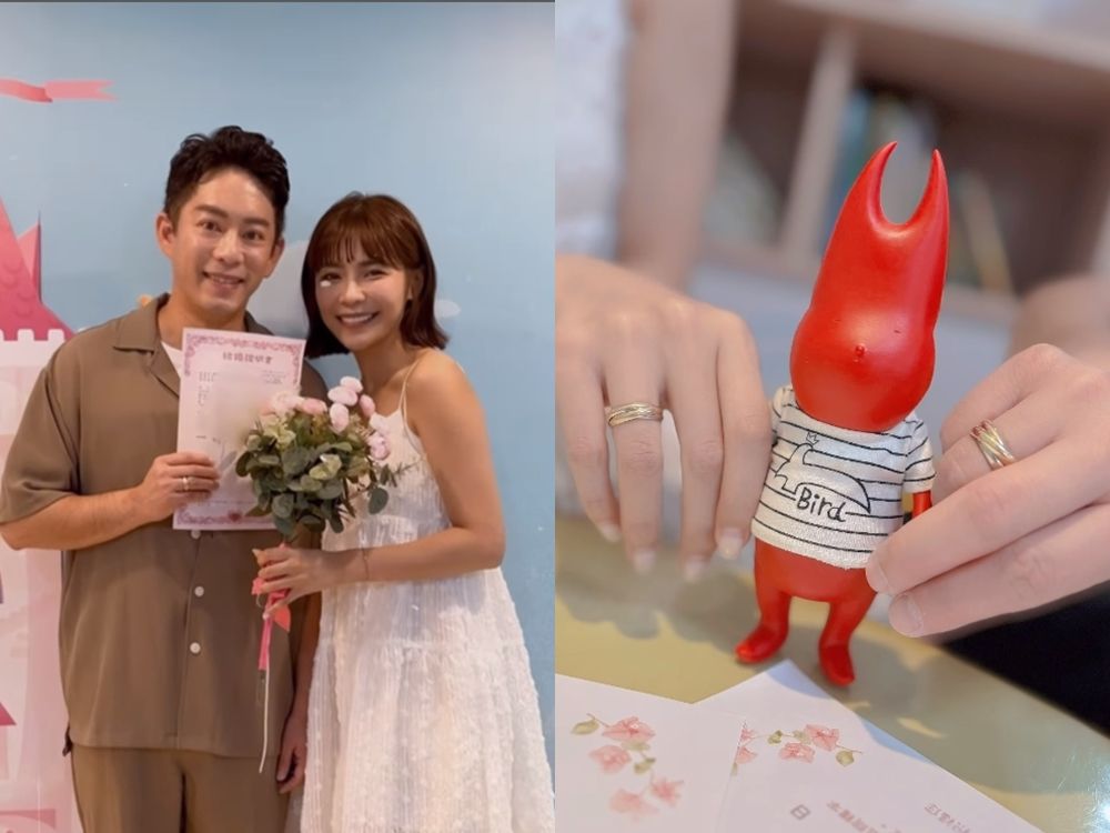 ▲▼Junior、林萱瑜結婚登記帶小鬼公仔。（圖／翻攝自IG）