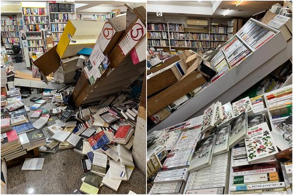 ▲▼水準書局書架全倒，老闆娘即發文求助。（圖／翻攝水準書局粉絲團）