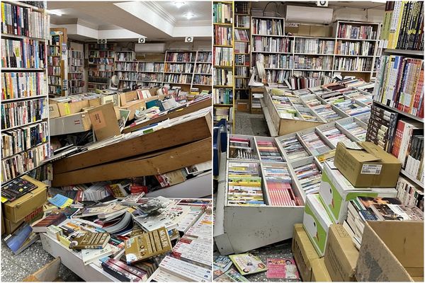 ▲▼水準書局書架全倒，老闆娘即發文求助。（圖／翻攝水準書局粉絲團）